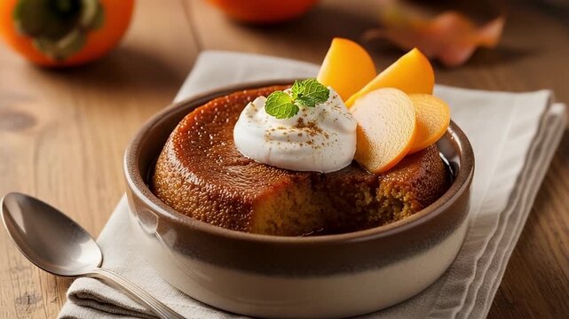 A delectable autumnal dessert featuring a rich, golden-brown baked pudding or cake, elegantly presented in a rustic ceramic bowl. It is generously adorned with a swirl of fluffy white cream, delicatel