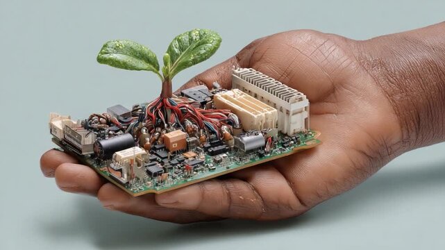 Technology and Nature Embrace: An outstretched hand cradles a circuit board, from which sprouts a vibrant seedling.