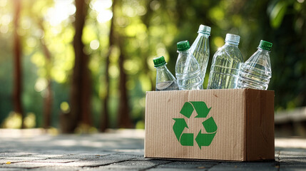 A cardboard box with a green recycling symbol inside contains used clear plastic water bottles. Eco-friendly concept