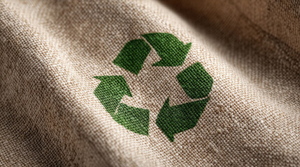 Close-up shot of the fabric texture of a blank canvas tote bag with a green recycling symbol.
