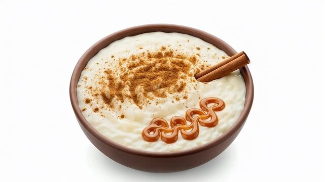 A delectable bowl of creamy dessert, generously topped with a swirl of aromatic cinnamon powder and a graceful cinnamon stick, alongside a tempting drizzle of golden caramel sauce. This comforting, tr