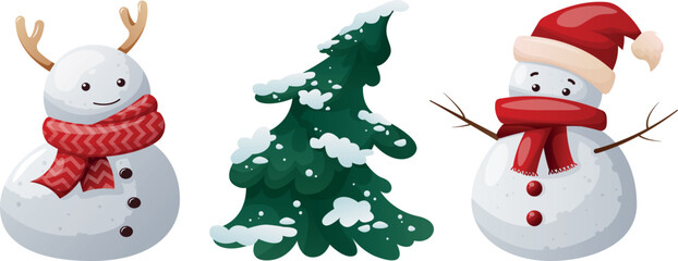 Cute snowman characters with Christmas tree, scarf and hat vector IllustrationSet of different cute snowmen illustration in children's style with New Year theme. 