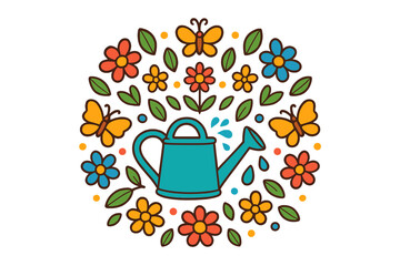 Garden Mandala Symphony. Watering can in the middle with droplets, flowers, leaves, and butterflies radiating outward in garden