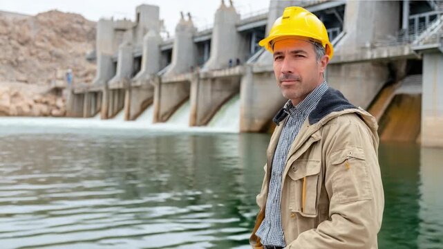 Engineer's Inspection at Dam: A focused engineer, donned in a yellow helmet, conducts a crucial inspection at a massive concrete dam. The scene highlights expertise and responsibility.