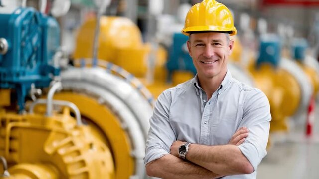 Industrial Confidence: A skilled engineer, wearing a yellow safety helmet, stands confidently amid the complex machinery of a modern industrial facility, radiating expertise and dedication.