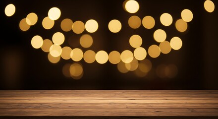Warm bokeh lights strung across a dark background above a rustic wooden table, creating a cozy and inviting atmosphere for any occasion