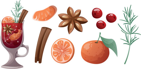 large set of ingredients for making mulled wine. Aromatic spices, a warming drink, lemonade