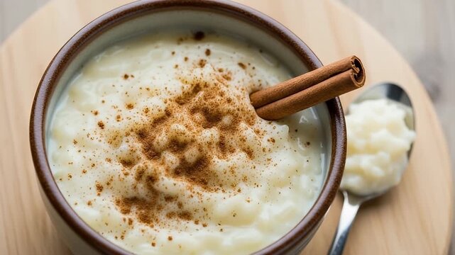 A delectable close-up shot captures a bowl filled with creamy, white rice pudding, beautifully garnished with a generous sprinkle of aromatic cinnamon powder and an elegant cinnamon stick. A spoon res