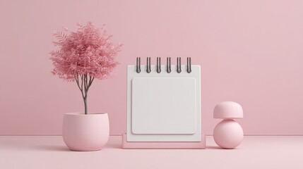 A stylish pink-themed workspace with a notepad and decorative plant.