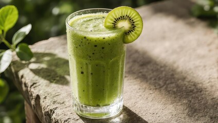 Refreshing Green Smoothie with Kiwi Garnish on a Stone Ledge.