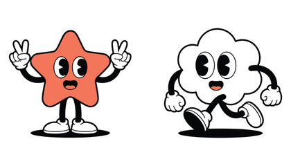 Retro cartoon star character giving peace sign and cloud character running vintage
