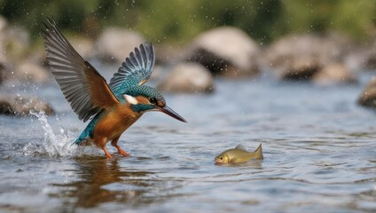 Kingfisher Bird Catches Fish in River Water Splash Action.