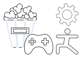 Popcorn bucket, gaming controller, a gear symbol, and person in yoga pose emphasize recreation, productivity, entertainment, fitness, and balance. Ideal for wellness gaming productivity