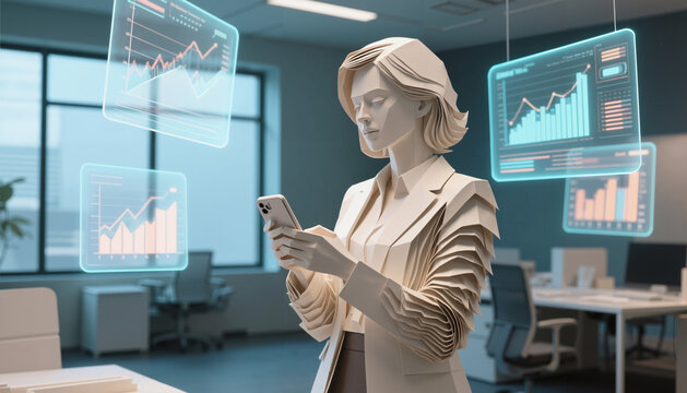 Businesswoman using smartphone while analyzing data in modern office  