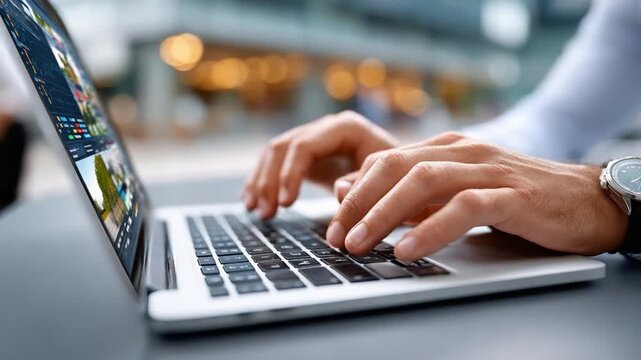 Focused Fingertips: A close-up shot of a person intently typing on a sleek laptop, emphasizing the precision and focus required in modern technology and communication.
