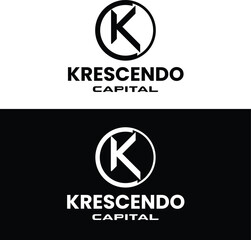 Krescendocapital Logo Design with Letter K in Circle and Text on White and Black Backgrounds Keywords: logo, krescendocapital, capital, finance, business, investment, growth, corporate, branding