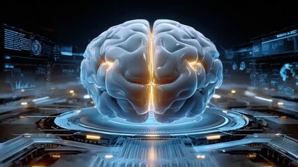 Artificial Intelligence Conceptualization: An evocative conceptual illustration of a luminous brain at the heart of an advanced technological interface. - Powered by Adobe