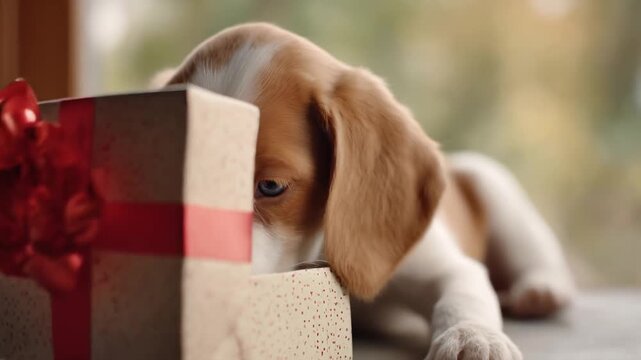 Christmas gift pet lovers adore cute dog with red bow present box wooden table creating warm festive holiday joy and perfect spirit for animal friends