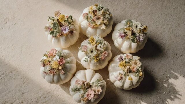 Arrangement Of Small White Gourds Decorated With Delicate Pastel Flowers On A Textured Surface