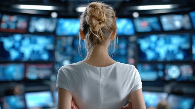 Command and Control: A woman, standing resolute in a high-tech surveillance room, is at the heart of the action. Her focused gaze suggests she is ready to confront the complexity of information age.