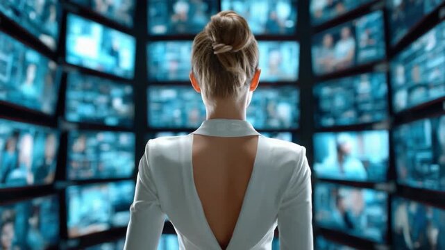 Analyst in Observation: A woman gazes intently at multiple screens displaying real-time information, symbolizing the vigilance and power of modern-day surveillance.