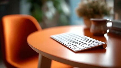 Faceless top down of a keyboard shortcut cheat sheet beside a compact keyboard cable free desk background chair leg defocused cool matte palette space at top faceless