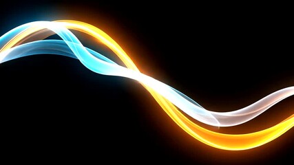 A vibrant abstract design features flowing lines in shades of blue, white, and orange against black - Powered by Adobe