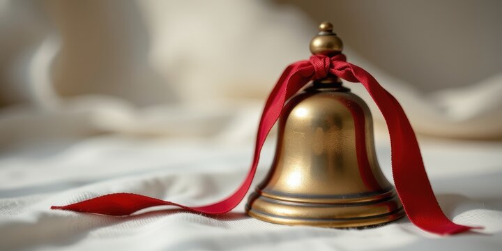 A decorative bell with a red ribbon sits on a soft surface.