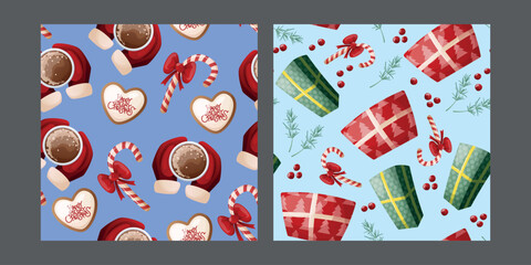 Seamless festive pattern with Christmas gifts. Pattern with colorful gifts. Edging, ribbon, border of outline festive Christmas symbols. Vector flat seamless border with gift boxes