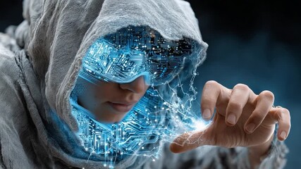 Digital Gaze: A person shrouded in a hooded garment, their face partially obscured, interacts with a cascade of glowing digital light, evoking futuristic technology and immersive experiences. - Powered by Adobe