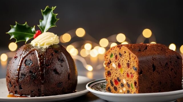 A delightful close-up shot showcasing two exquisite traditional holiday desserts. On the left, a rich, dark steamed pudding is beautifully adorned with a glossy sauce, a swirl of fresh cream, and a sp