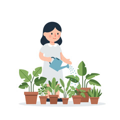 Cheerful young woman watering a diverse collection of lush green houseplants, enjoying her indoor gardening hobby and plant care routine