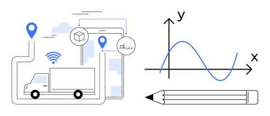 Truck on route map with mobile GPS tracking, pencil, and X-Y graph for data analysis. Ideal for logistics, transport, supply chain, data, planning technology and education. Simple flat metaphor