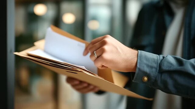 Faceless detail of hands placing neutral NDA forms into a manila folder background glass wall defocused soft top light left column blank faceless NDA documents defocused off