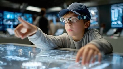 Visionary Interface: A young boy engrossed in a futuristic interface, points with focused intensity at projected data, demonstrating a blend of technology and youthful curiosity. - Powered by Adobe