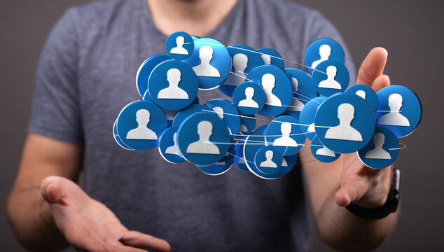 Human hand holding network circles with people icons, representing social connections and global business. Ideal for HR, business, and tech conc