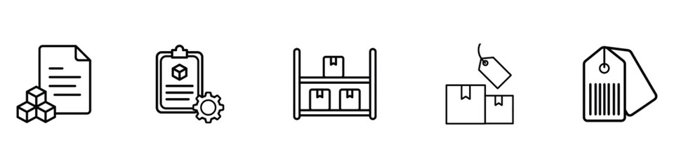 Fototapeta premium Inventory Management banner web icon set vector. inventory box, stock list, rack, barcode tag, and product label symbol. vector illustration.