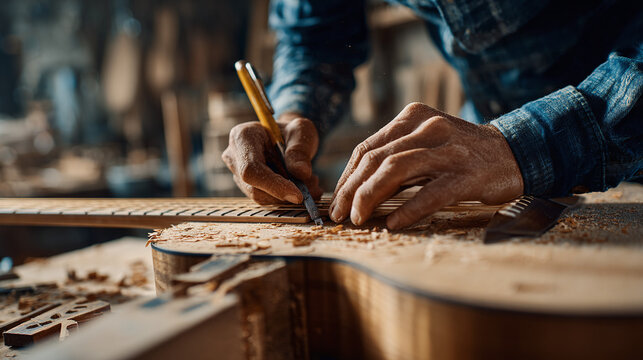 An artisan meticulously crafting a wooden guitar, focused on the detail. The workshop is filled with tools of the trade.
