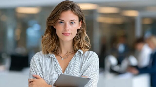 Confident Professional: Portrait of a poised female leader, exuding confidence and competence in a modern office environment. She embodies professionalism.