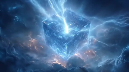 Abstract rendering of a glowing crystalline cube with electrical energy - Powered by Adobe
