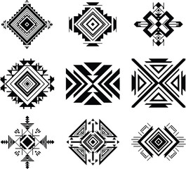 Set of geometric abstract aztec and native american tribal rhombus symbols. decorative ethnic pattern elements for tattoo, logo, and textile design in black and white vector art.