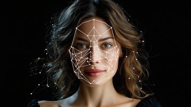 Facial Recognition and Technology: A captivating portrait of a person with digital lines overlaying her face, symbolizing the complexities of technological advancement, security, and the future.  - Powered by Adobe