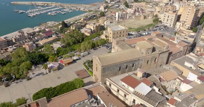 Aerial view of the Church of San Domenico. It is a Catholic place of worship in the historic center of Sciacca, in the province of Agrigento, Sicily, Italy.