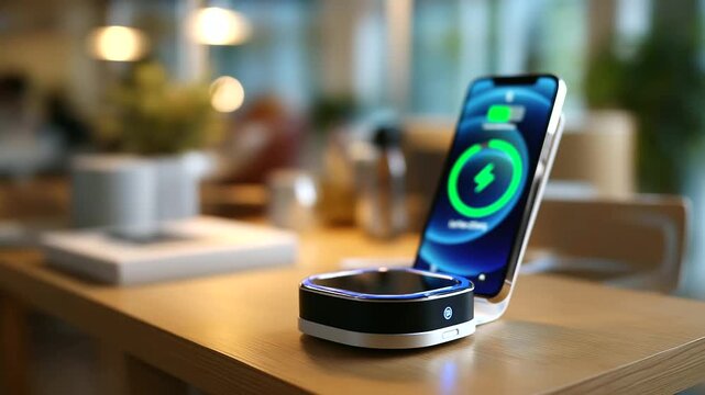 Faceless desk macro of a wireless charger with a phone placed precisely subtle LED indicator background chair and shelf defocused balanced daylight open area for CTA faceless