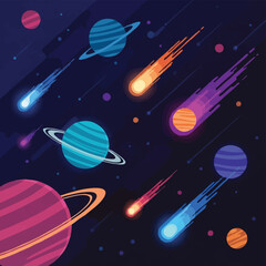 A vibrant illustration showcases colorful planets, radiant comets, and celestial bodies set against a deep, dark, and inviting space backdrop.