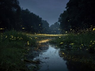 Enchanting twilight landscape of a winding river surrounded by lush green foliage, illuminated by a myriad of twinkling fireflies creating a serene and mystical ambiance.