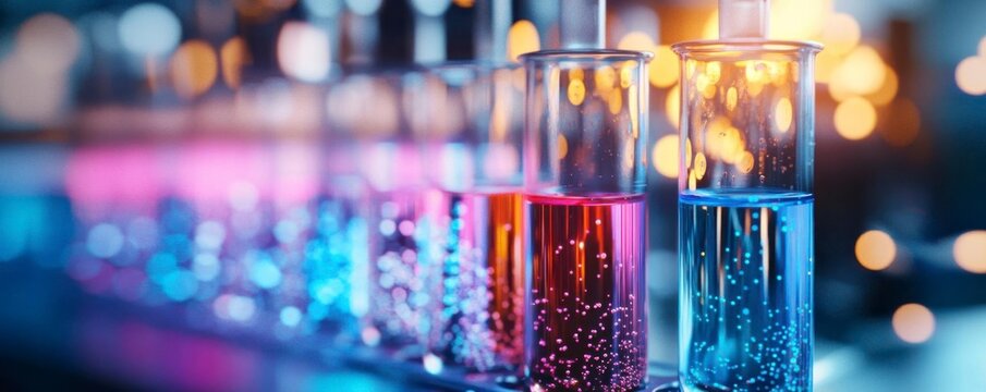 Colorful test tubes filled with vibrant liquids in a laboratory setting, creating a scientific and dynamic atmosphere.