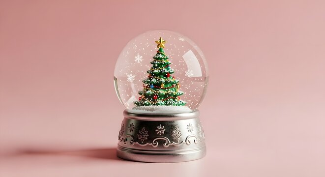 Elegant silver snow globe with a festive Christmas tree and falling snowflakes on a pink background