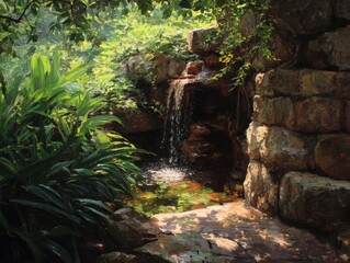 Impressionistic Painting Lush Green Foliage Waterfall Stone Wall Serene Forest Environment Natural Light Art
