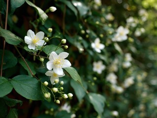 Close-up of vibrant white jasmine blossoms with yellow centers, growing on a branch surrounded by lush green leaves and unopened buds, under bright daylight.